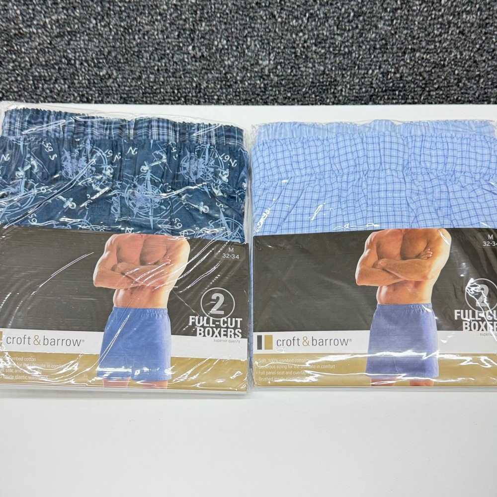 Croft & Barrow Mens Boxers Medium 32-34 100% Cotton 4 Pair Full Cut Blue NOS